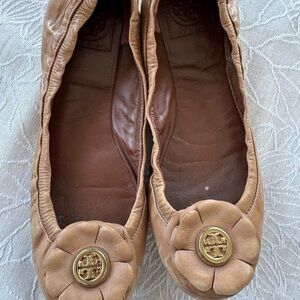 Tory Burch Tan Leather Flats with Gold Medallion